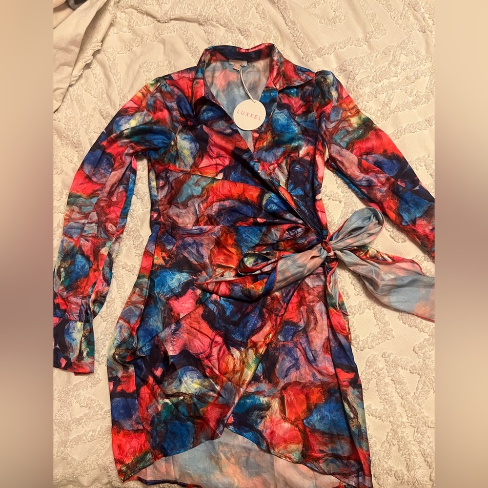 Luxxel Red and Blue Wrap Dress - Picture 2 of 6